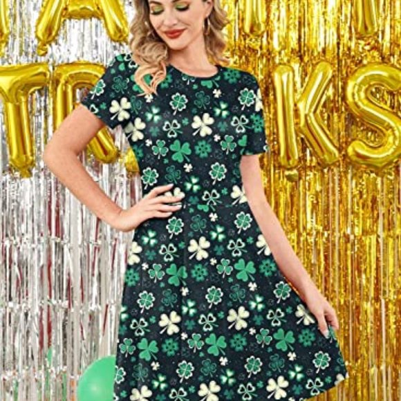 Women's St. Patrick's Day Short Sleeves Printed Tunic Dress - Picture 2 of 6